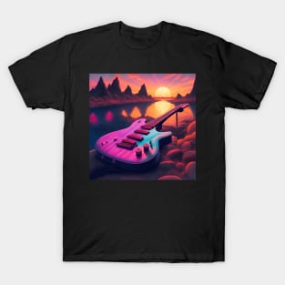 80s Style Beautiful Guitar in a Sunset Retro Vintage Travel Artwork T-Shirt